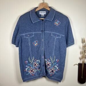 Women's Large Alfred Dunner Floral Embroidered Blue Knit Cardigan Sweater